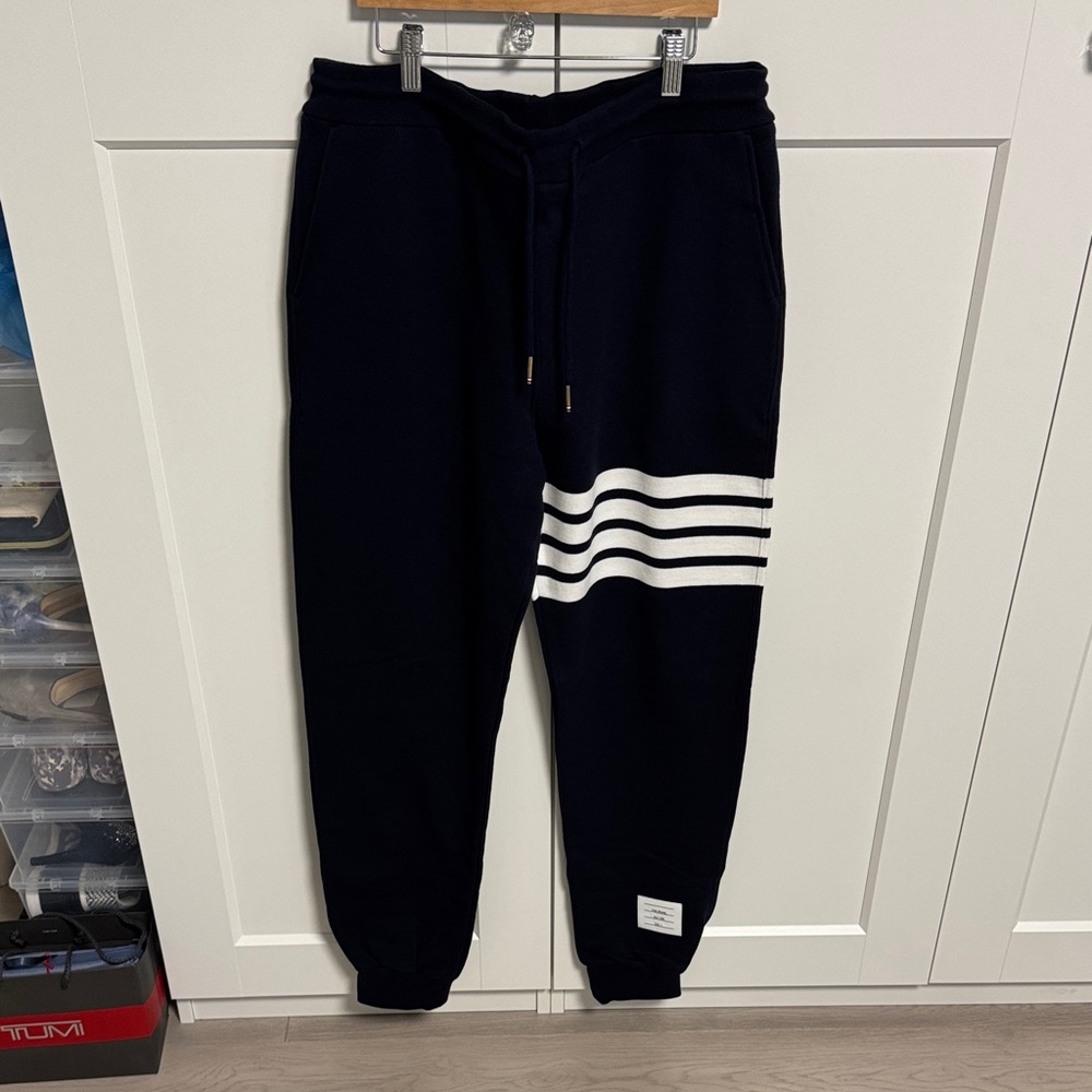 Thom Browne Navy Joggers with White Stripes